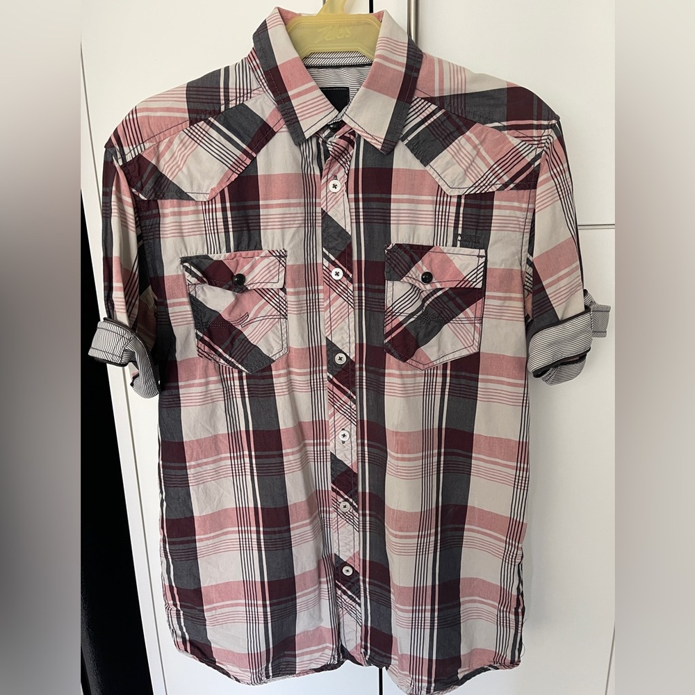 Men’s Pink Blue Plaid Jack & Jones Button-Down Short-Sleeve Shirt Size Small S